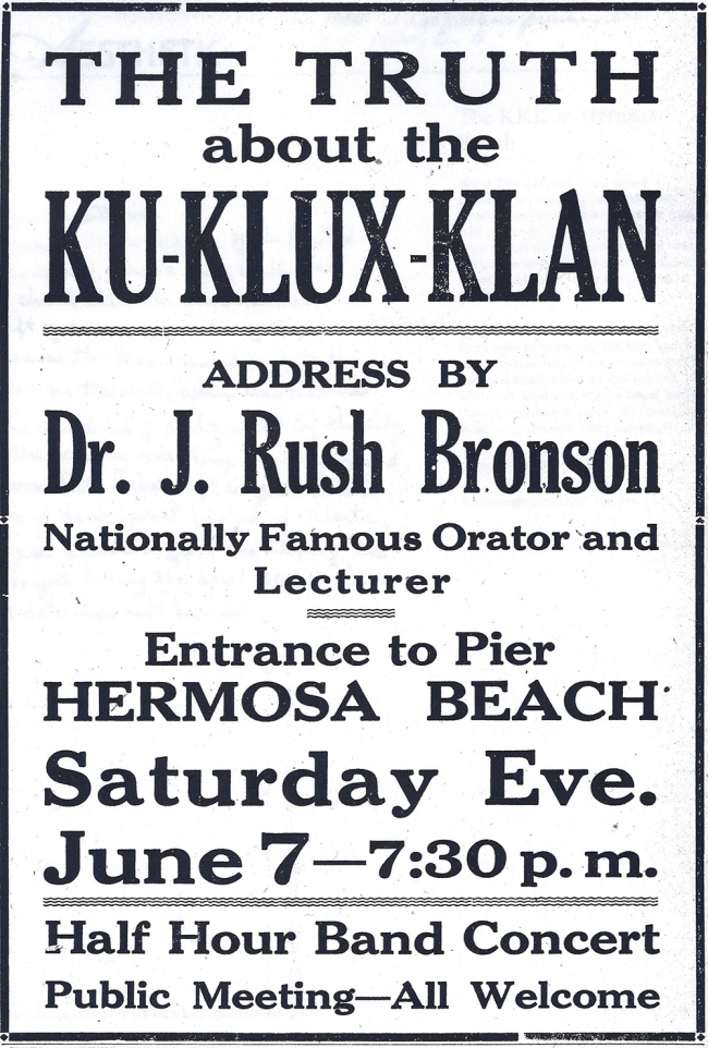 Klu Klux Klan meeting advertisement, Manhattan Beach News, June 6, 1924. 