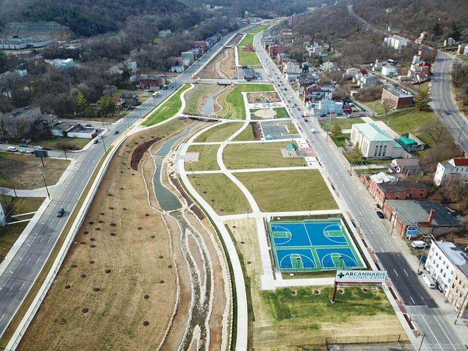 An aerial view of the Lick Run Greenway project in Cincinnati