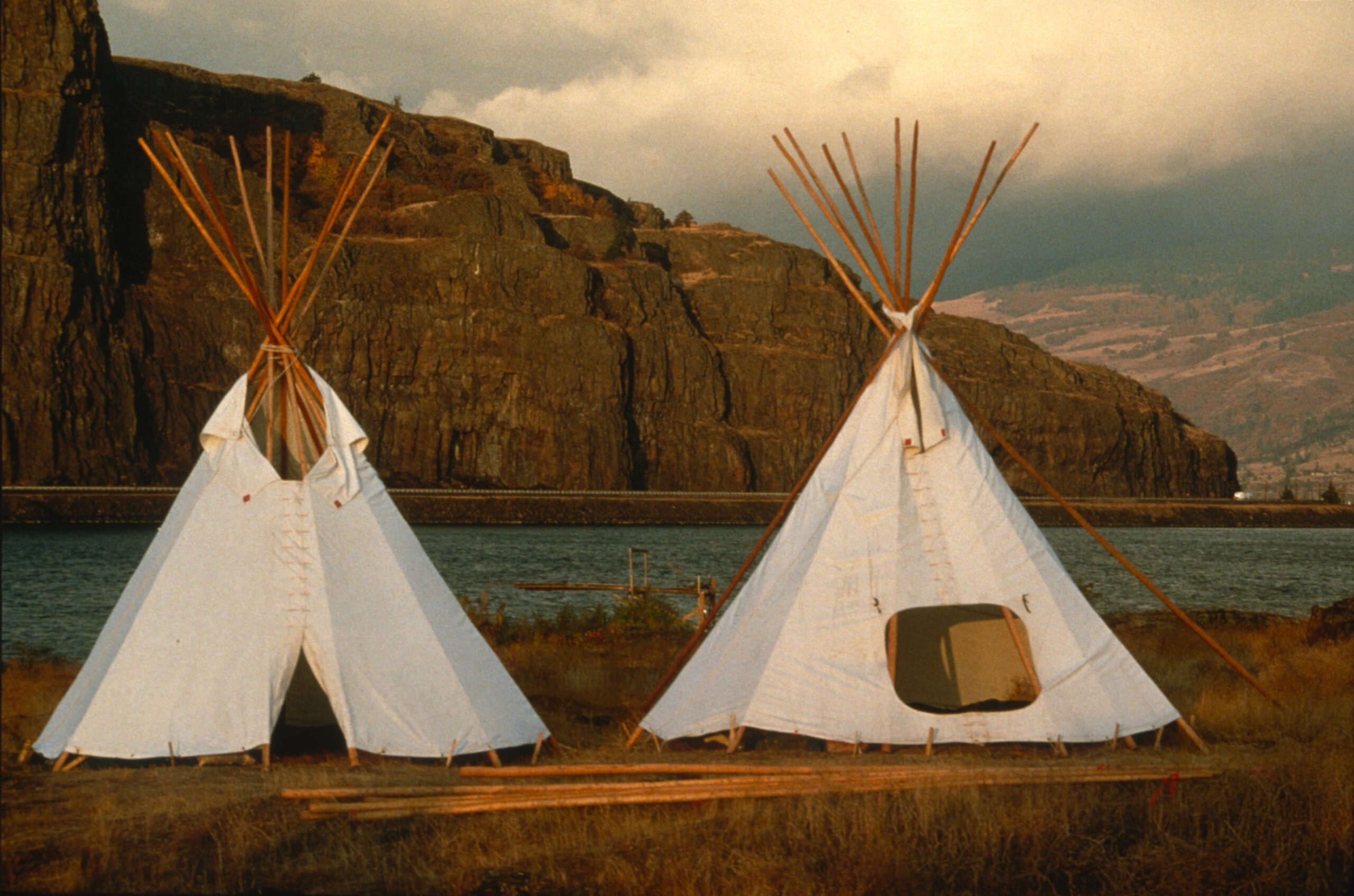 Two white teepees.