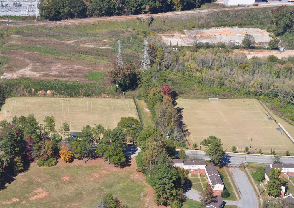 An aerial view of a soccer field.