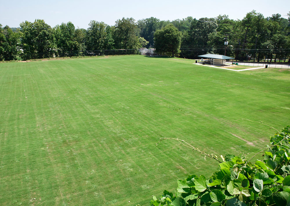 An aerial view of a large green field.