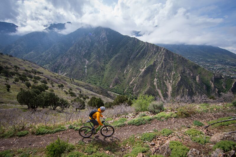 A man riding a mountain bike on a trail in the mountains.