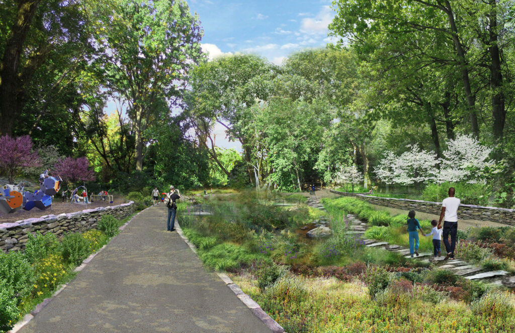 An artist's rendering of what a portion of the future QueensWay linear park could look like.
