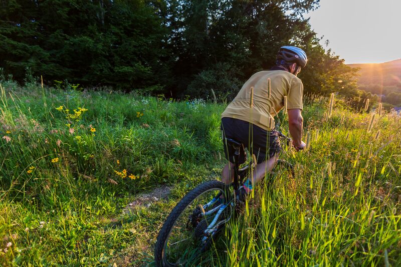 A man riding a mountain bike in a grassy field at sunset.