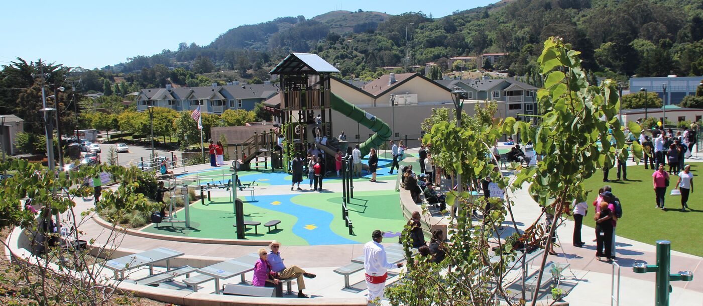 A view of Rocky Graham Park, including the tree-house-themed play structure, on opening day in Marin City, California.