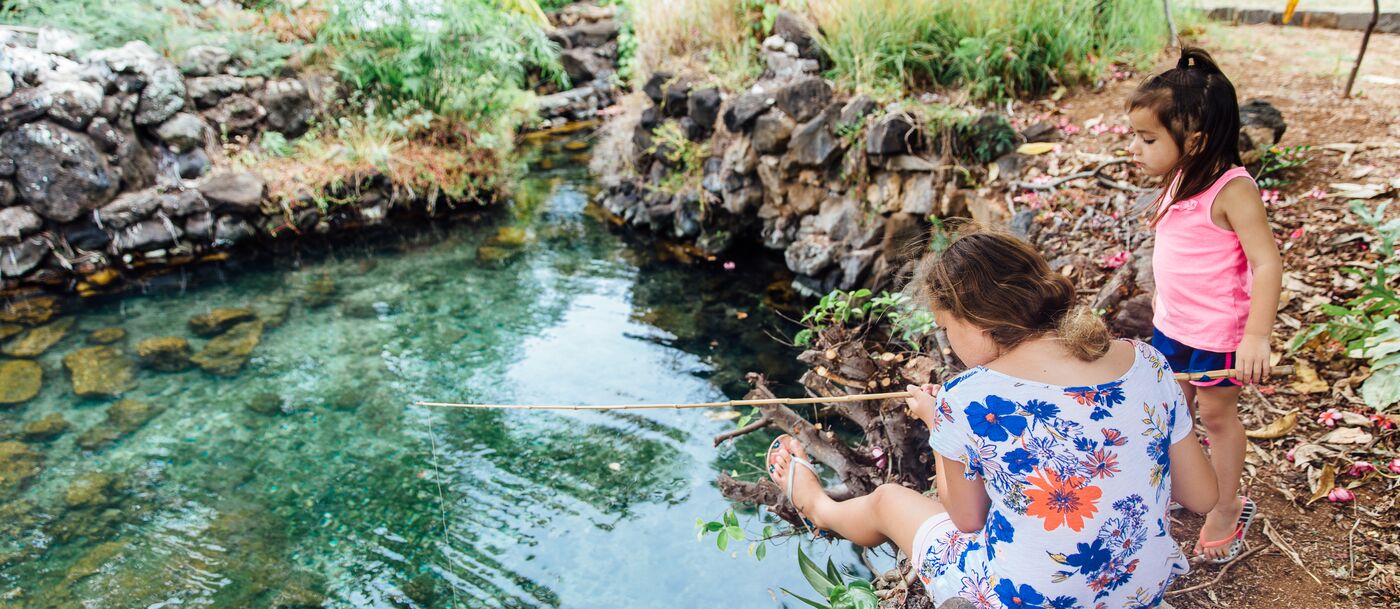 Two girls fish in the Kanewai Spring in Honolulu.