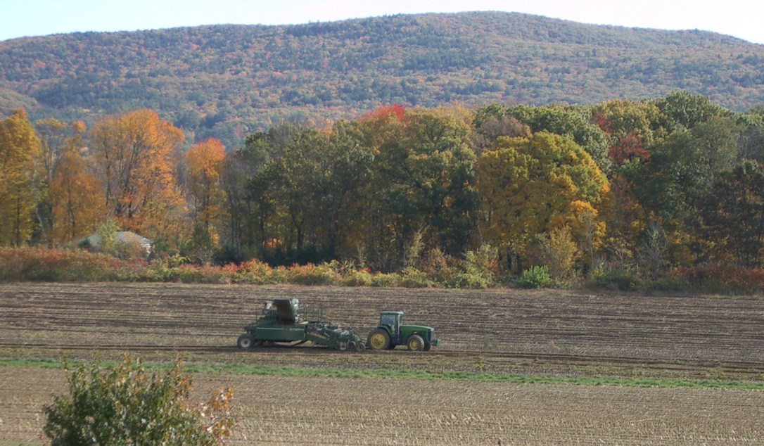 A tractor plows a field in front of a forested slope