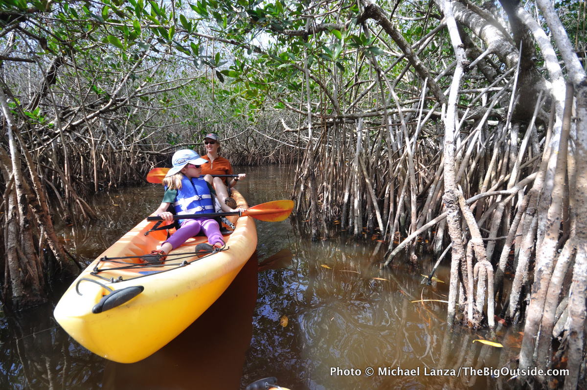 Michael Lanza's wife and daughter paddle a kayak at Everglades National Park