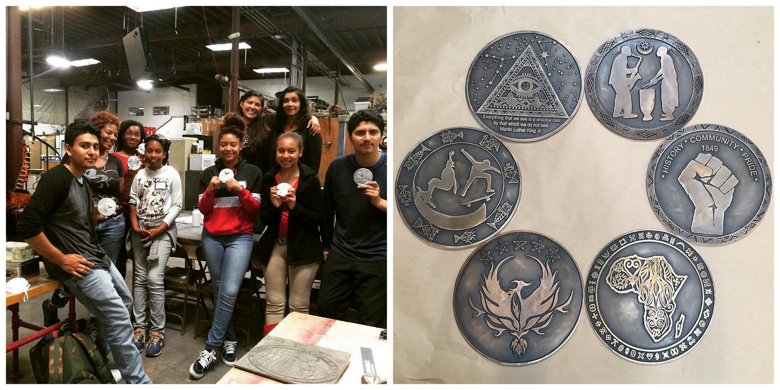 Students in the metalworking class and their finished medallions