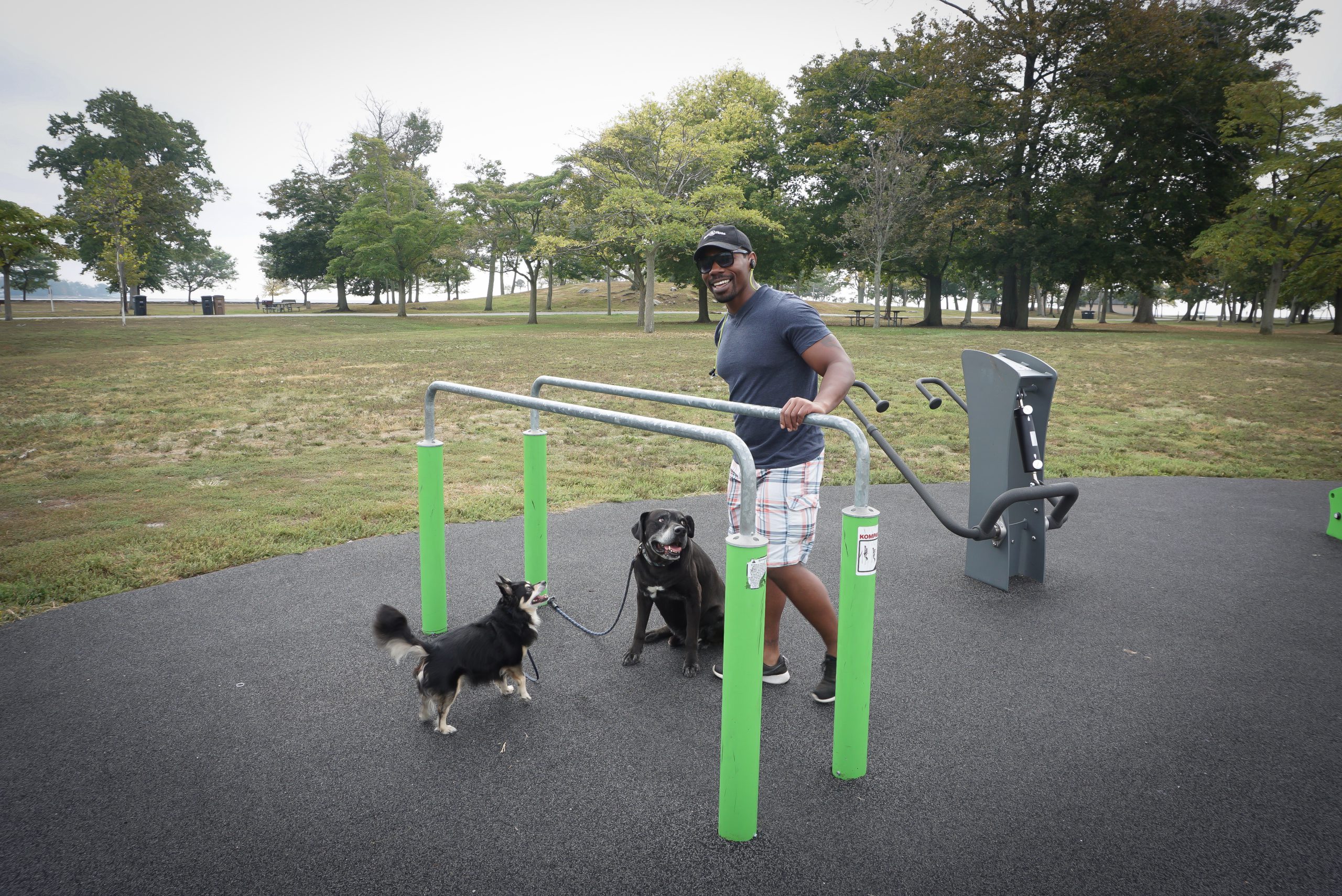 A man and two dogs at an outdoor exercise area