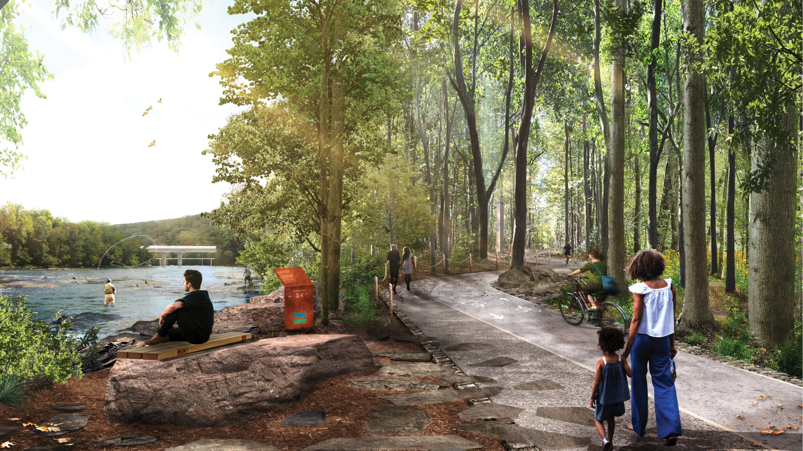 An artist's rendering of a bike path in the woods.