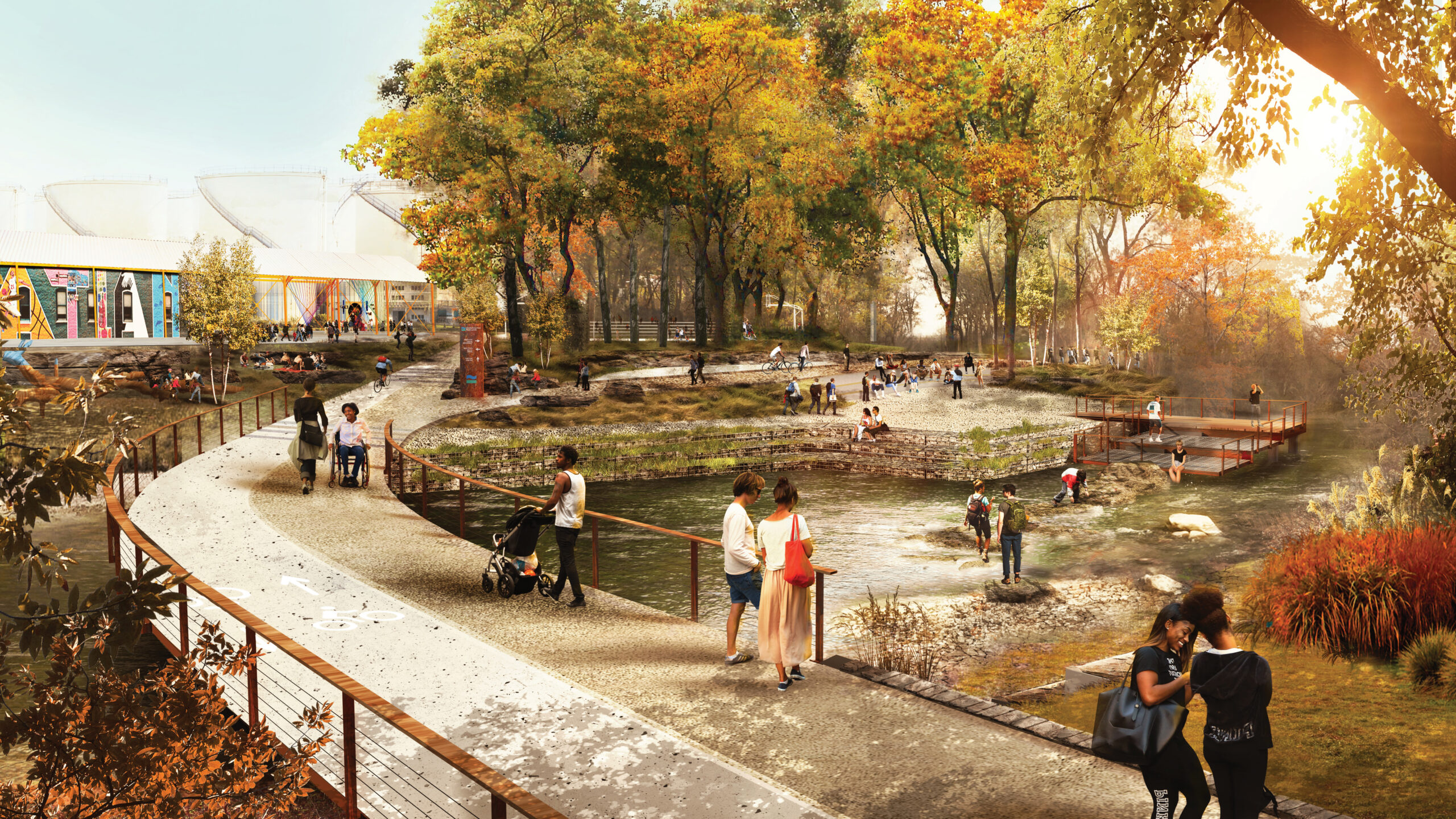 An artist's rendering of a park with people walking around.