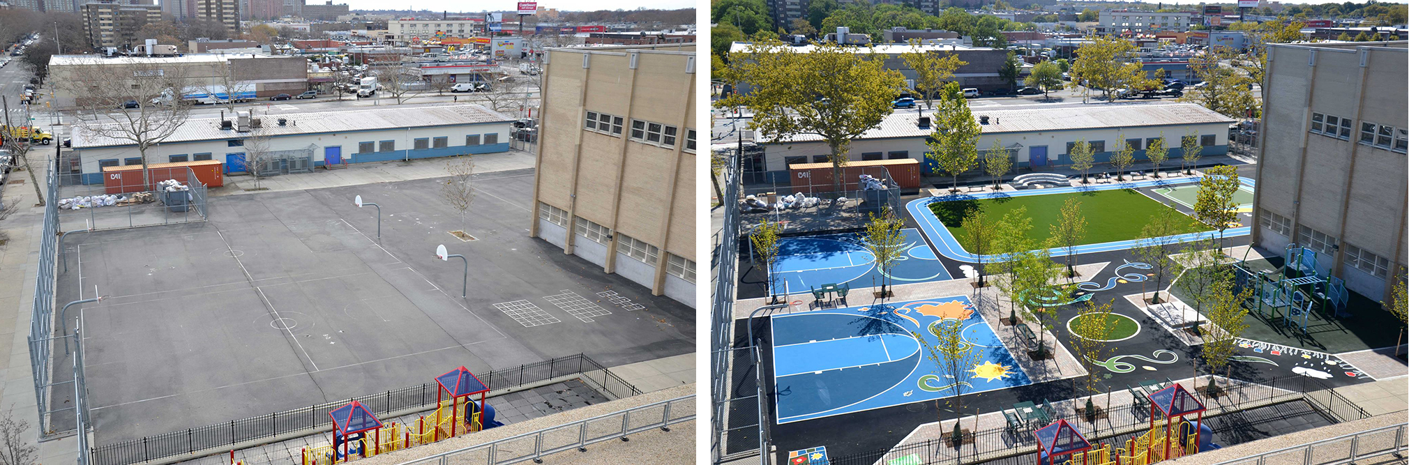 A before and after photo of a green schoolyard