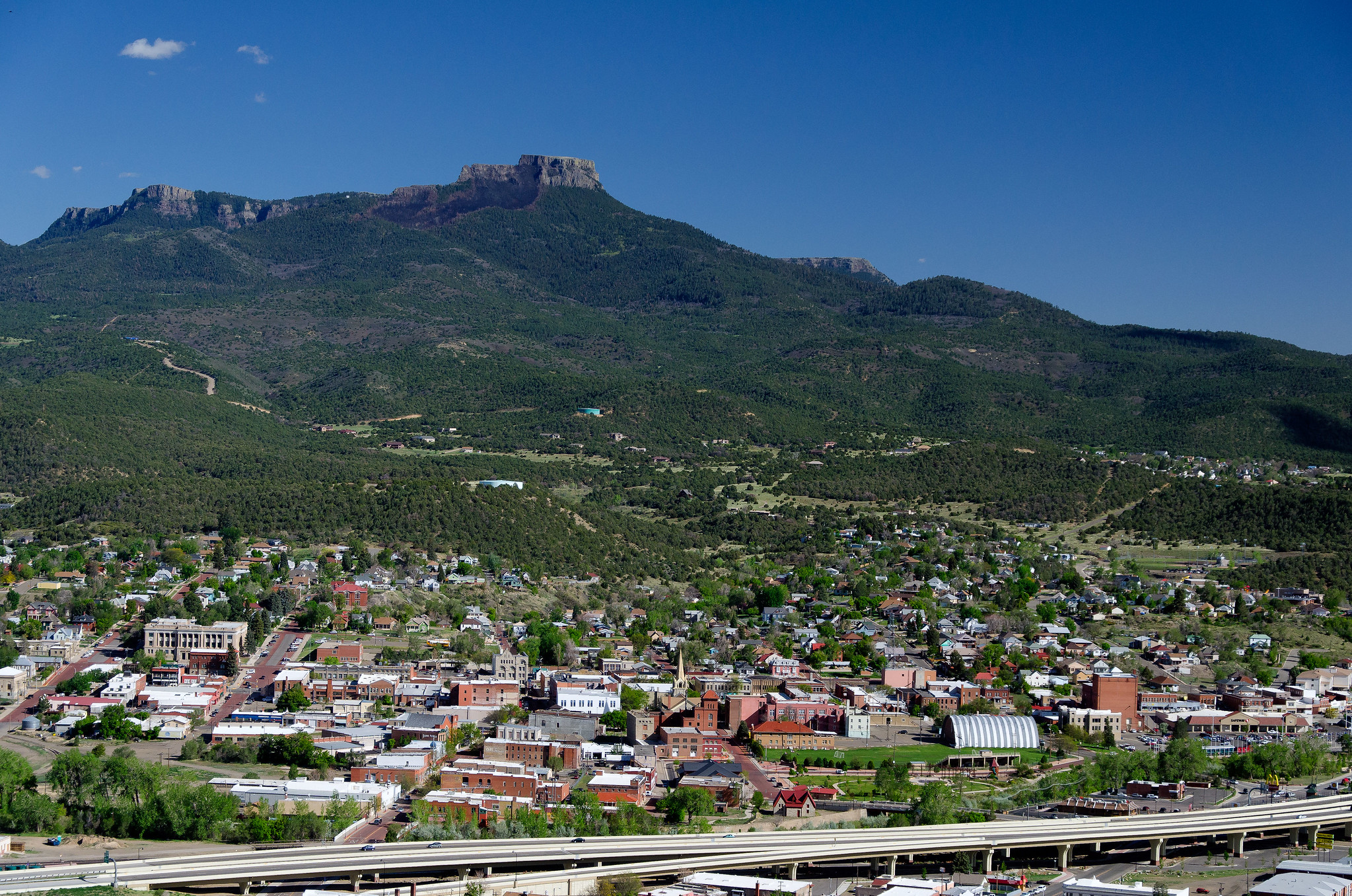 Aerial view of downtown Trinidad and Fisher's Peak Ranch