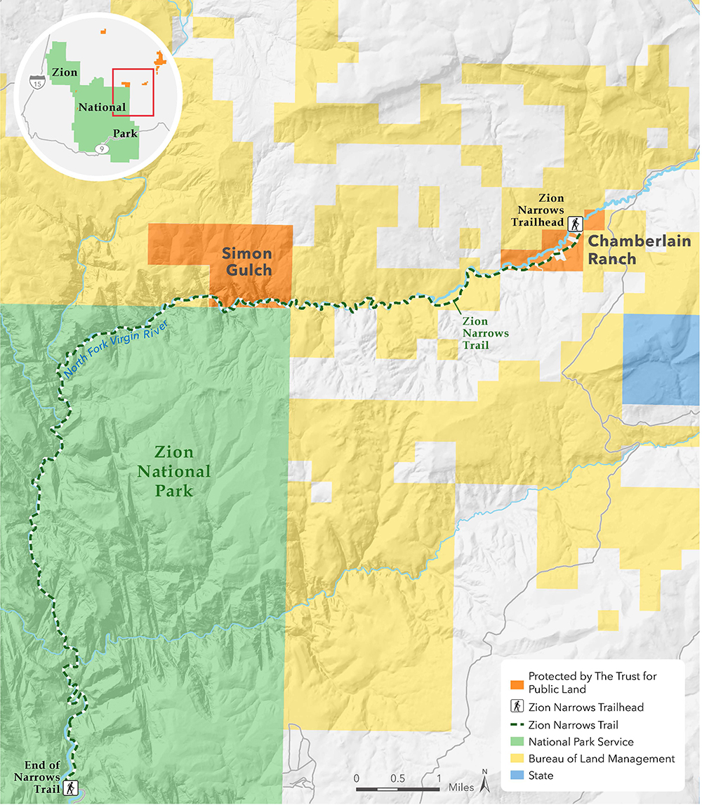 A map of the Zion Narrows Trail showing two properties protected by The Trust for Public Land