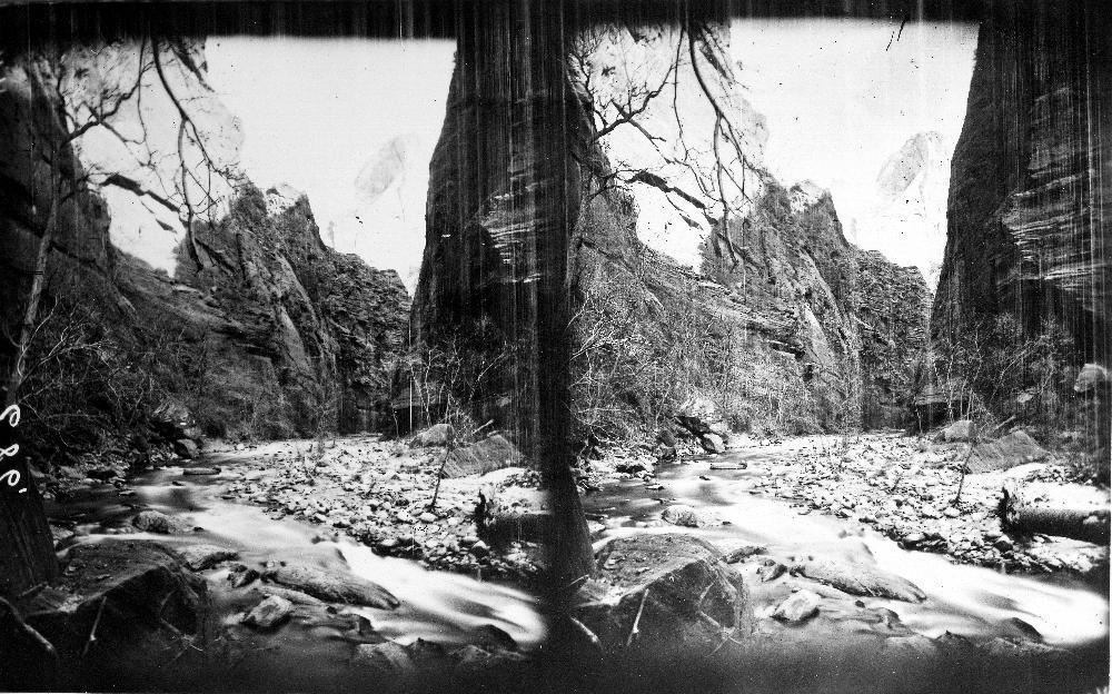 Black and white photograph of Zion Canyon