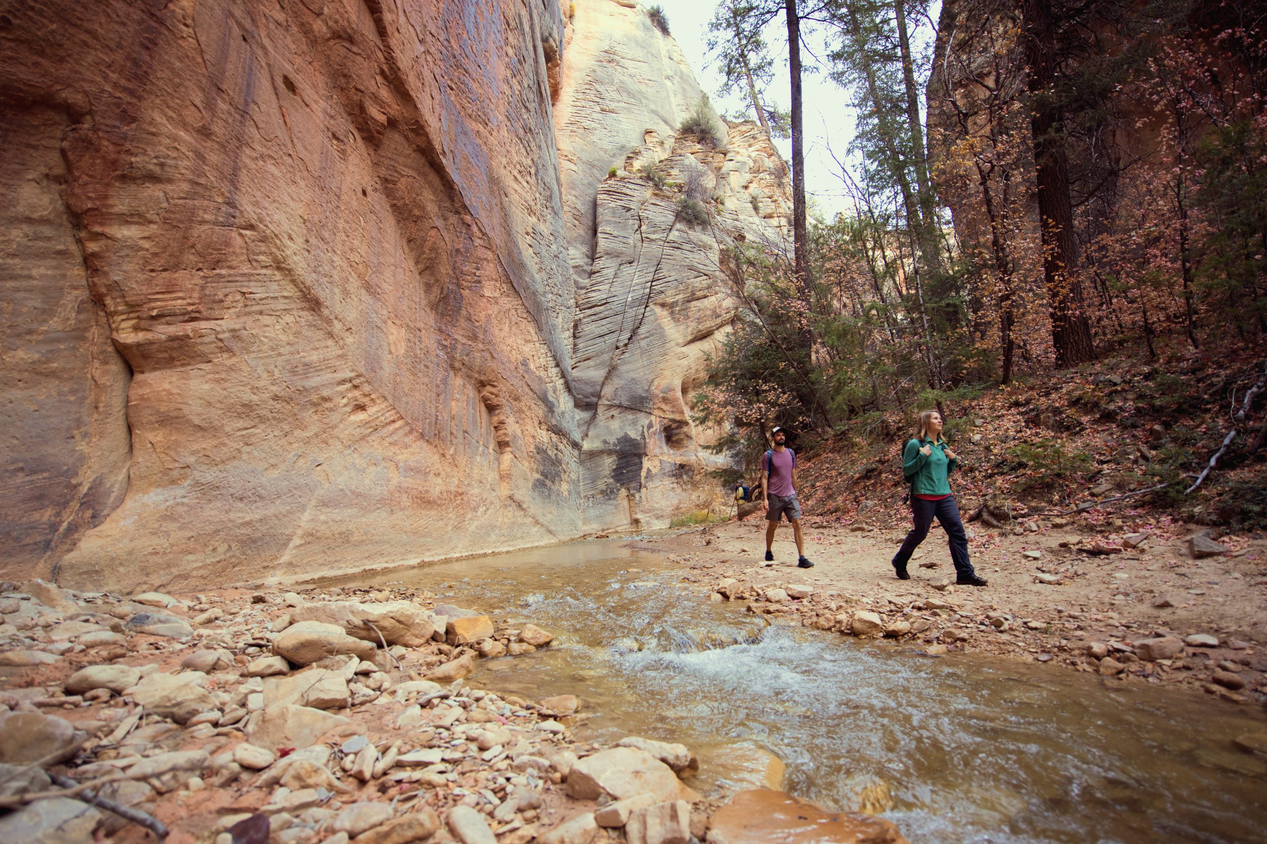A man and a woman walk past the camera in a sandstone canyon