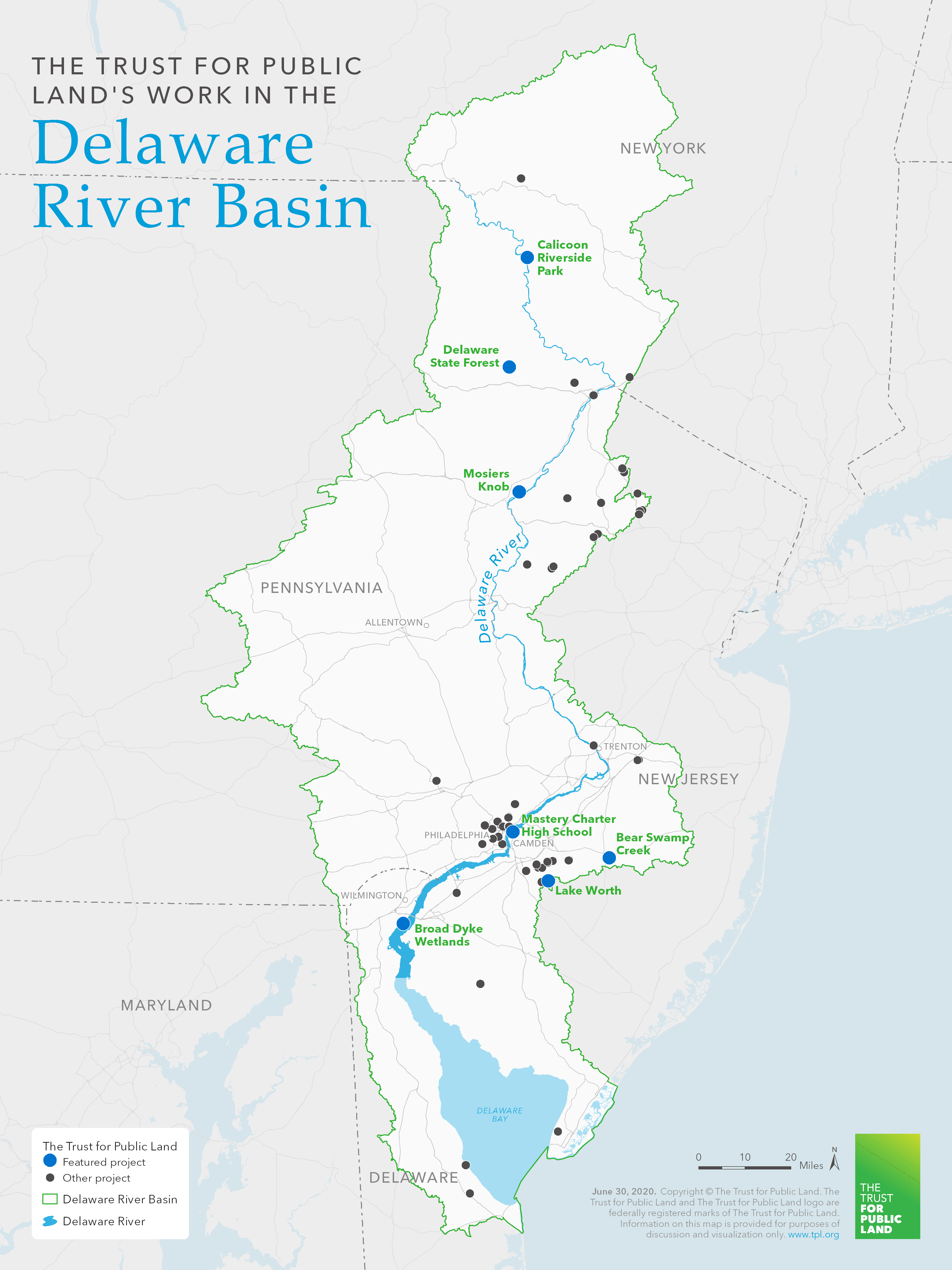 A map of the Delaware River Basin with a dot for every Trust for Public Land project