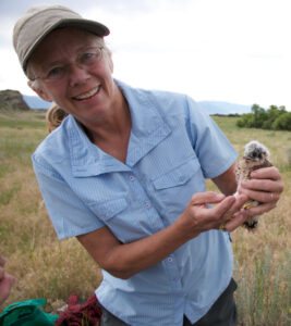 A white woman with grayish-blonde hair wearing a visor and glasses holds a baby kestrel