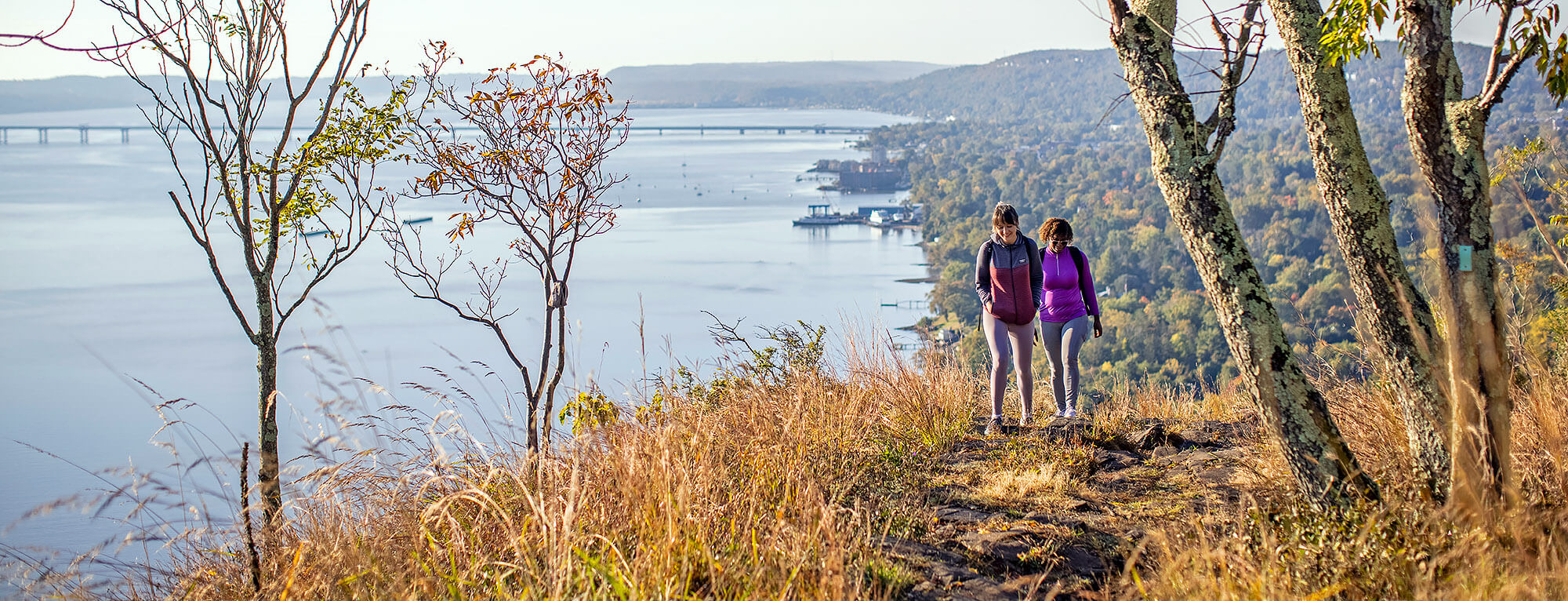 Two people standing on a hill overlooking a body of water.