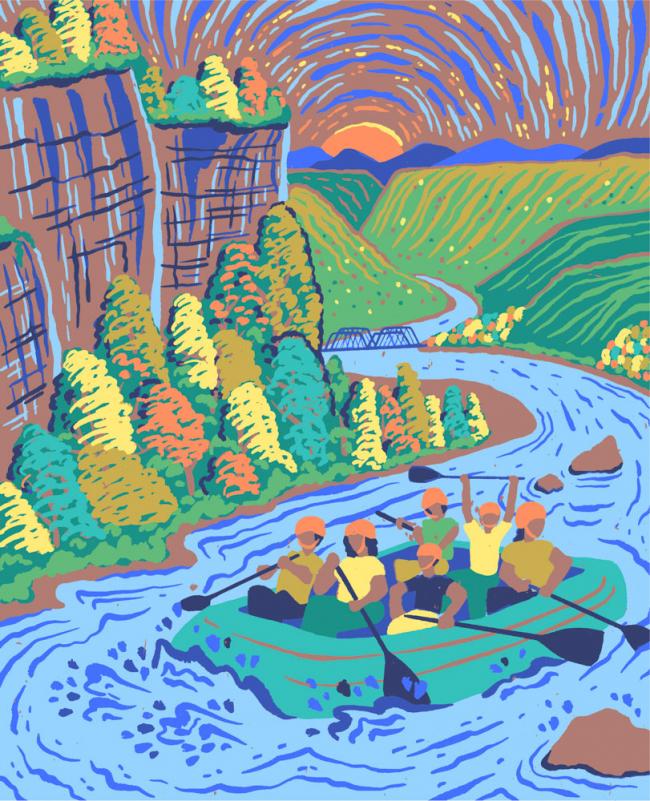 A painting of people rafting down a river.