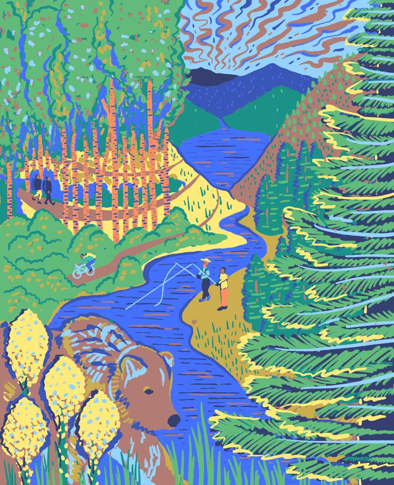 A painting of a bear by a river.