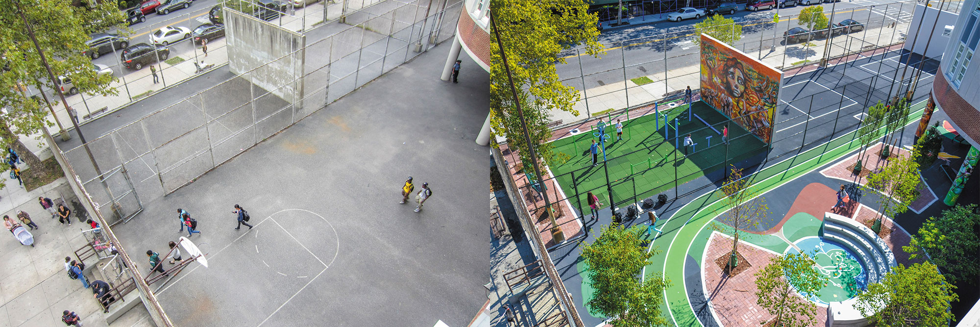Two pictures of a basketball court and a playground.