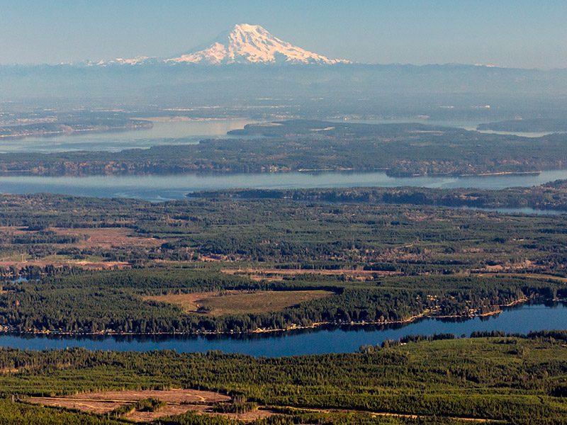 Aerial of south Puget Sound region with Mt. Rainier on the skyline