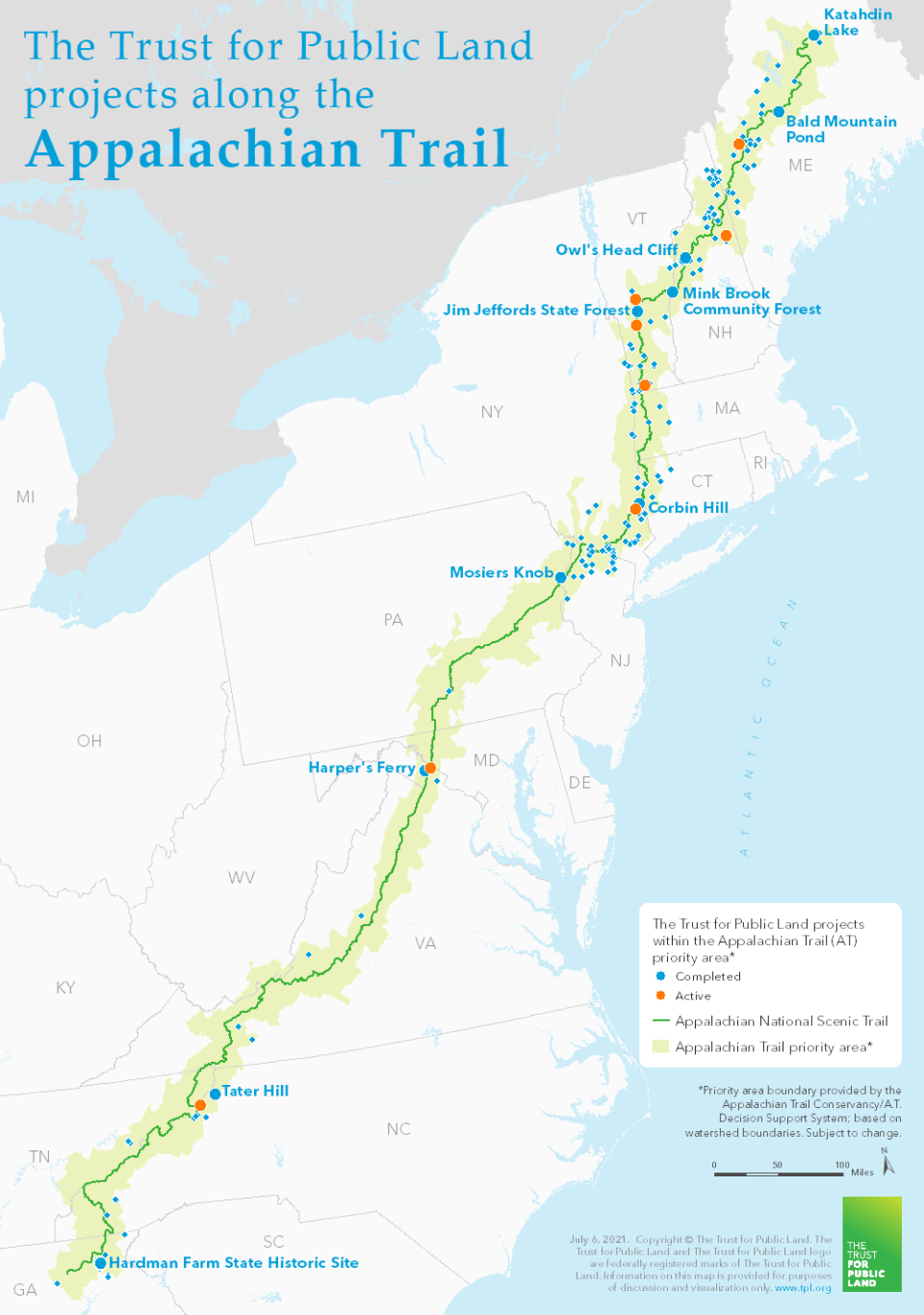 A map of places along the Appalachian Trail protected by The Trust for Public Land