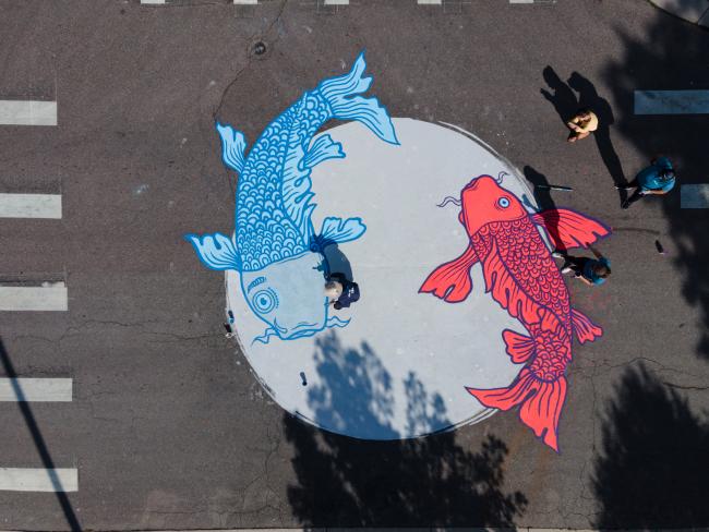 Aerial view of ground mural of koi fish in Westwood, Denver, Colorado
