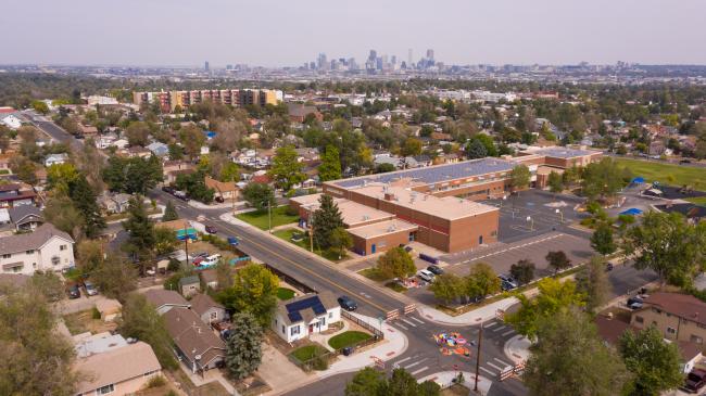 Aerial image of Westwood, Denver, showing a mural designed by Santiago Jaramillo