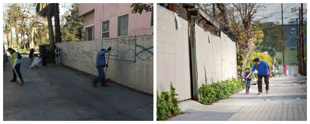 An unfinished alley on the left, a man and his son in a refinished alley on the right