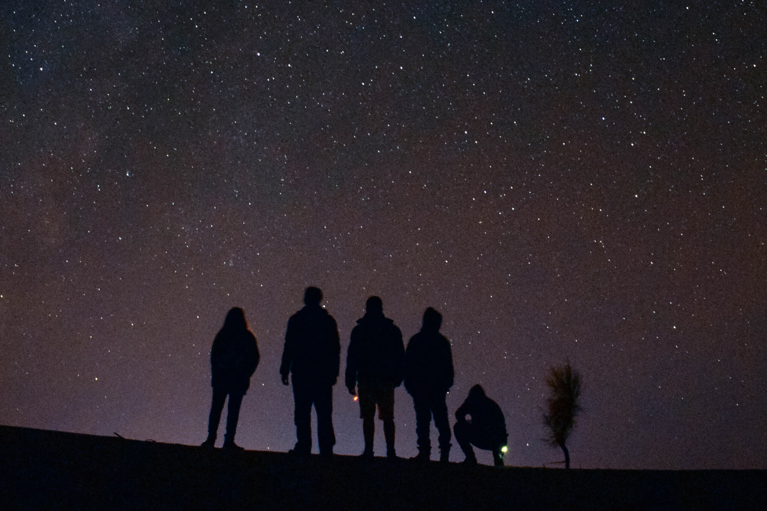A group of people standing under a starry sky.