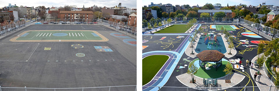 Before & After: Converting asphalt schoolyards into colorful spaces teeming with trees, gardens, artwork, and play features yields all kinds of benefits for students and the wider community, centering on health, education, climate, and park access.