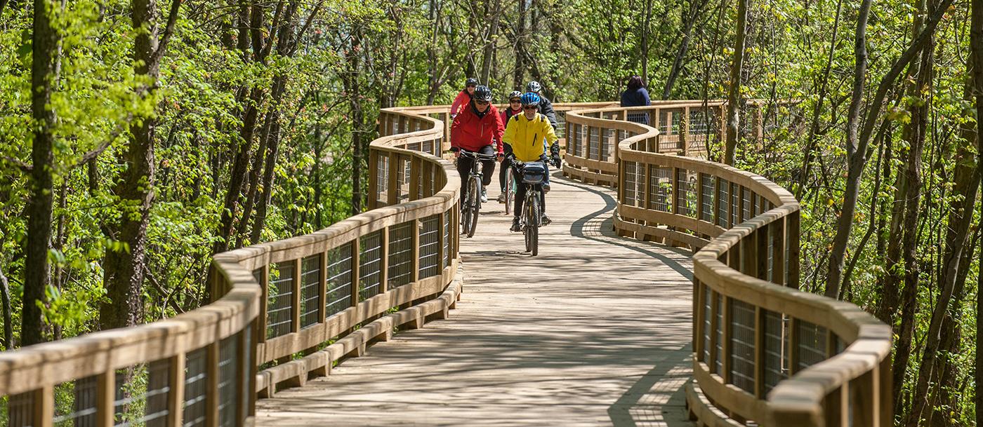 Two people riding bikes on a wooden boardwalk in the woods.