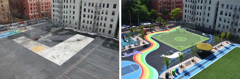 Before-and-after photos of the schoolyard at P.S. 384X in New York City show a drab empty playground transformed into one with trees, a playing field, and play equipment.
