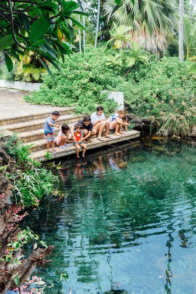 A group of children sit on steps near the edge of the spring and gaze into the clear water.