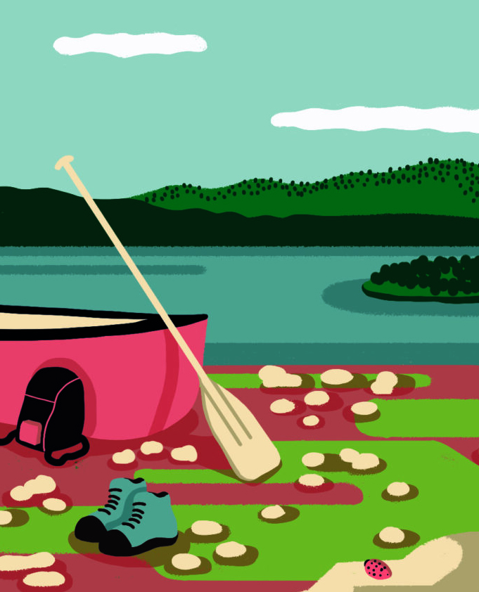 An illustration of a canoe on the shore.