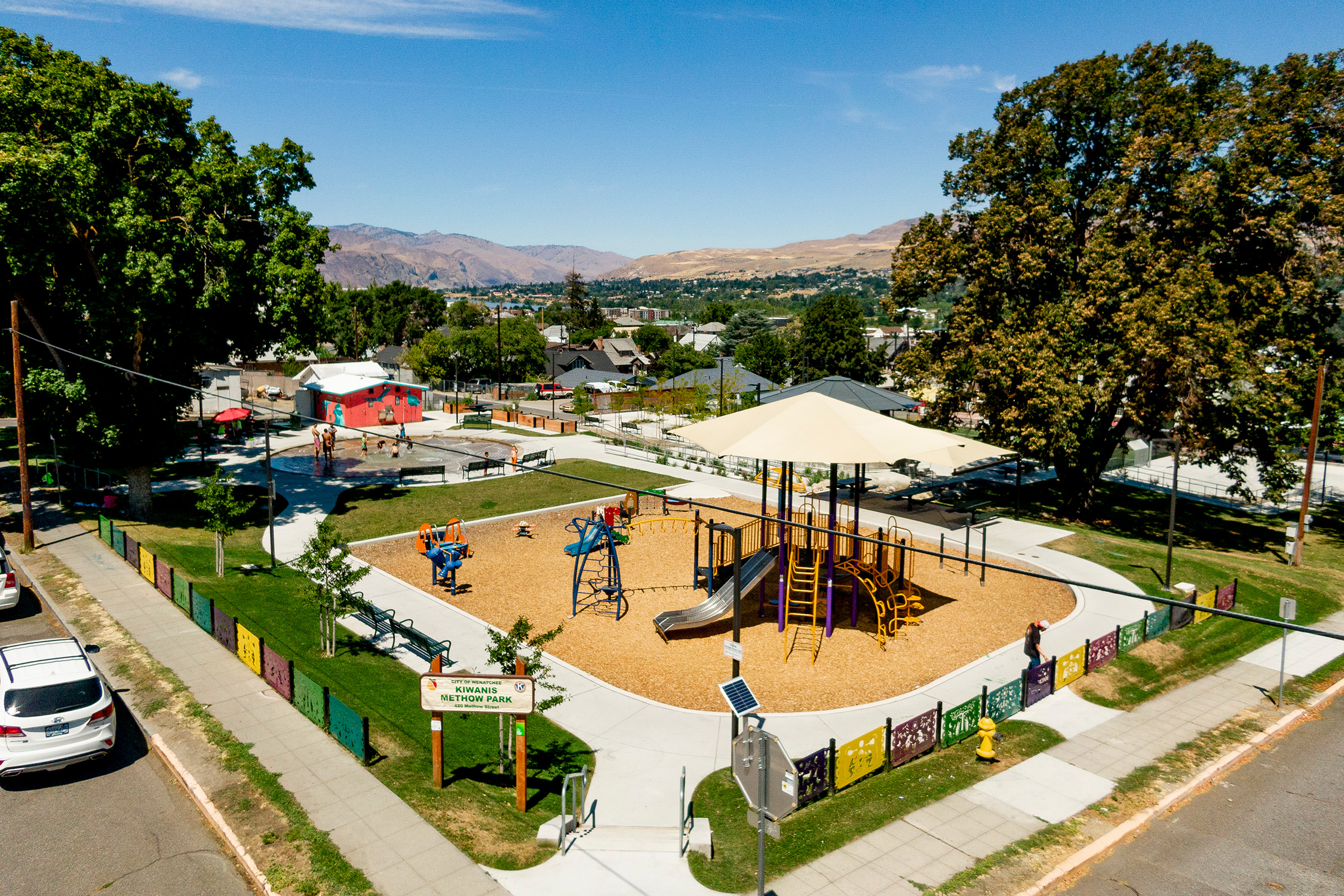 An aerial view of a playground in a neighborhood.