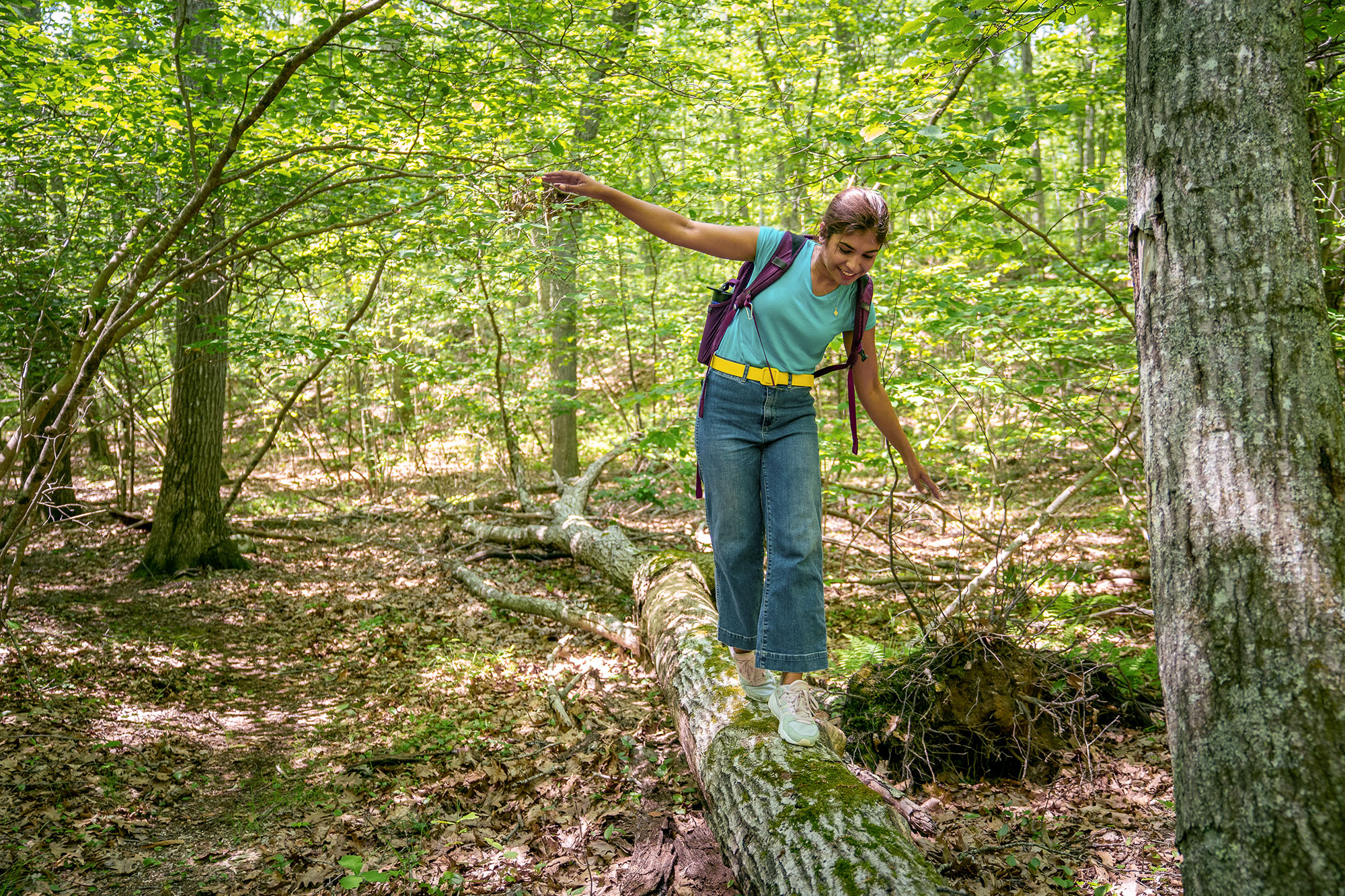 A woman standing on a fallen tree in the woods.