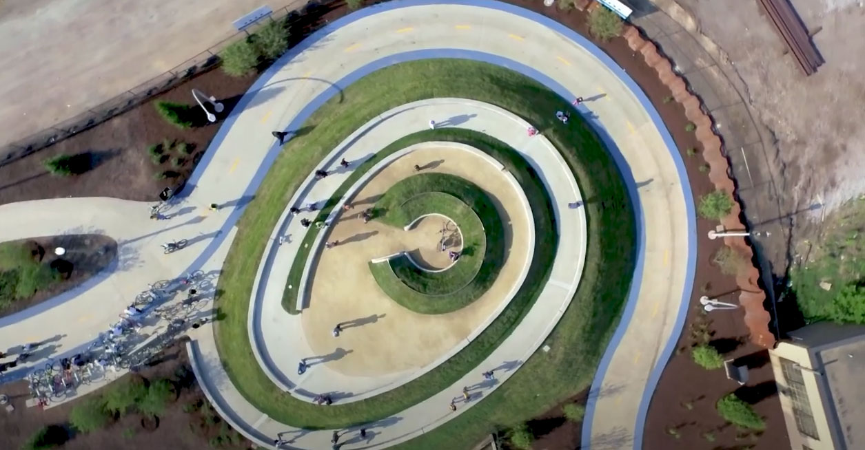 An aerial view of a circular park.