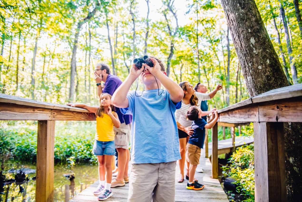 A group of people looking through binoculars in a wooded area.