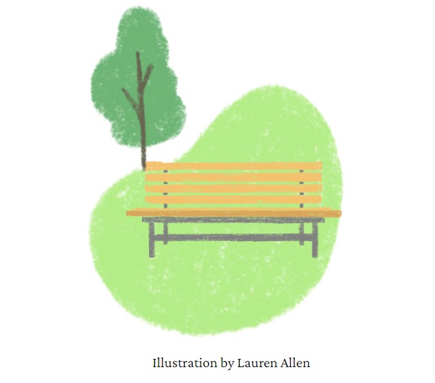 An illustration of a park bench with a tree in the background.