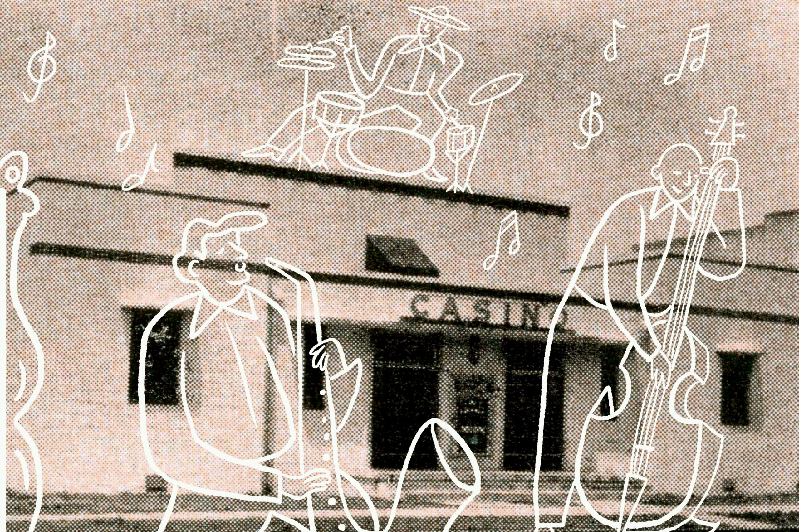 A black and white historic photo of a venue with white line illustrations of musicians (a drummer, a bassist, and a saxophone player) overlaid.